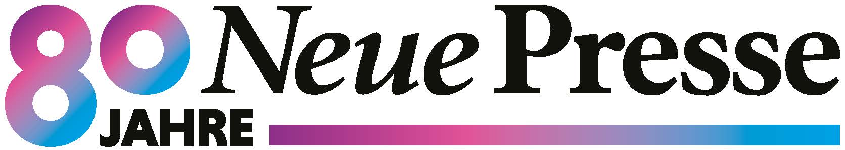 80 Jahre Neue Presse" Logo mit "80" in einem Farbverlauf von rosa, lila und blau, "Neue Presse" in schwarz und einem passenden Farbverlaufsbalken unter dem Text - perfekt für die Jubiläumsfeierlichkeiten der Hochschule Coburg. at Hochschule Coburg