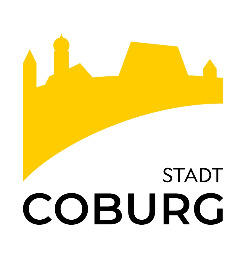 Gelbe Silhouette von Coburgs Wahrzeichen, einschließlich einer Anspielung auf die Hochschule Coburg, auf weißem Hintergrund mit dem Schriftzug "STADT COBURG" in fetten schwarzen Buchstaben unterhalb der Grafik. at Hochschule Coburg
