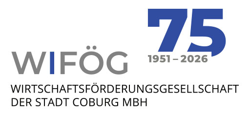 Logo der WIFÖG, Wirtschaftsförderungsgesellschaft der Stadt Coburg mbH, die ihr 75-jähriges Bestehen feiert, mit "75" in Blau und "1951-2026" über dem Namen, um die Verbindung zur Hochschule Coburg zu unterstreichen. at Hochschule Coburg