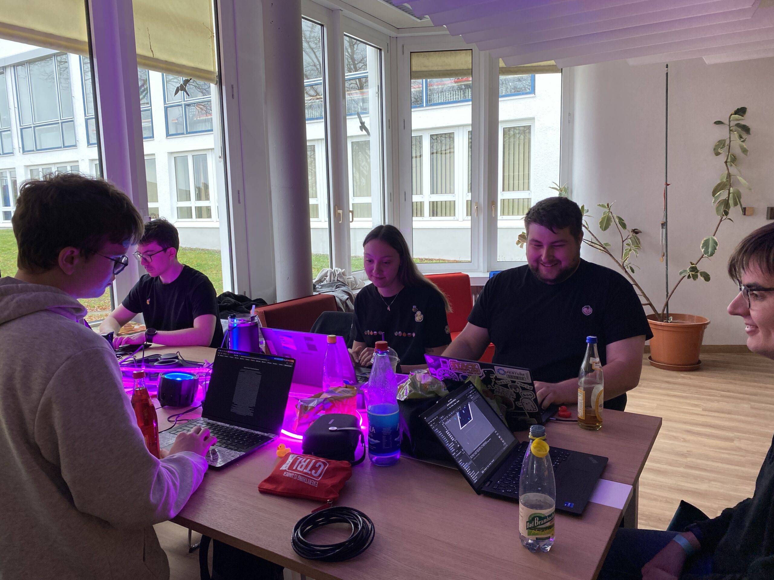 Fünf Personen sitzen mit Laptops, Getränken und Snacks um einen Tisch herum und arbeiten für den Game Jam 2026 in einem hellen Raum mit großen Fenstern und Pflanzen zusammen. Die Atmosphäre ist ungezwungen, während sie gemeinsam Ideen vom Scheitern zum Erfolg führen. at Hochschule Coburg