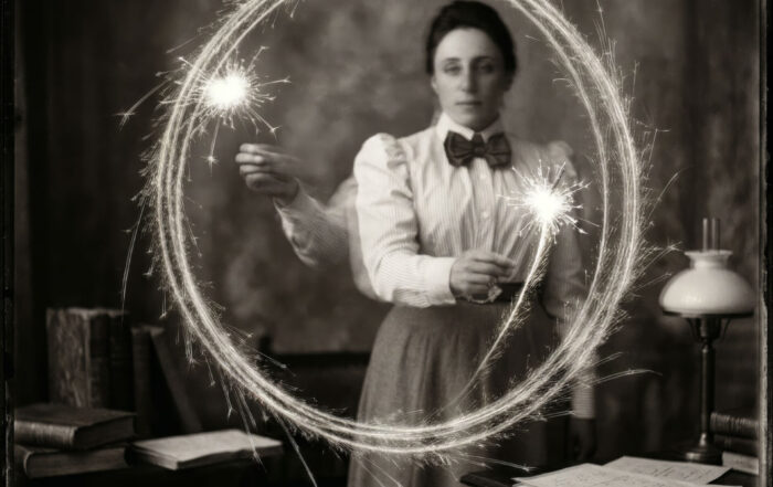 Eine Frau in klassischer Kleidung hält Wunderkerzen in der Hand, die vor ihr einen leuchtenden Lichtkreis erzeugen. Sie steht in einem altmodischen Arbeitszimmer mit Büchern und einem Automatisch gespeicherten Entwurf auf dem Schreibtisch. Das Bild ist schwarz-weiß. at Hochschule Coburg