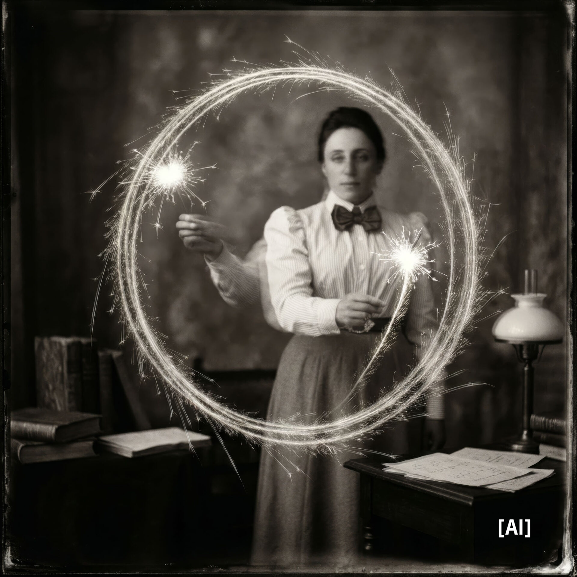 Eine Frau in klassischer Kleidung hält Wunderkerzen in der Hand, die vor ihr einen leuchtenden Lichtkreis erzeugen. Sie steht in einem altmodischen Arbeitszimmer mit Büchern und einem Automatisch gespeicherten Entwurf auf dem Schreibtisch. Das Bild ist schwarz-weiß. at Hochschule Coburg