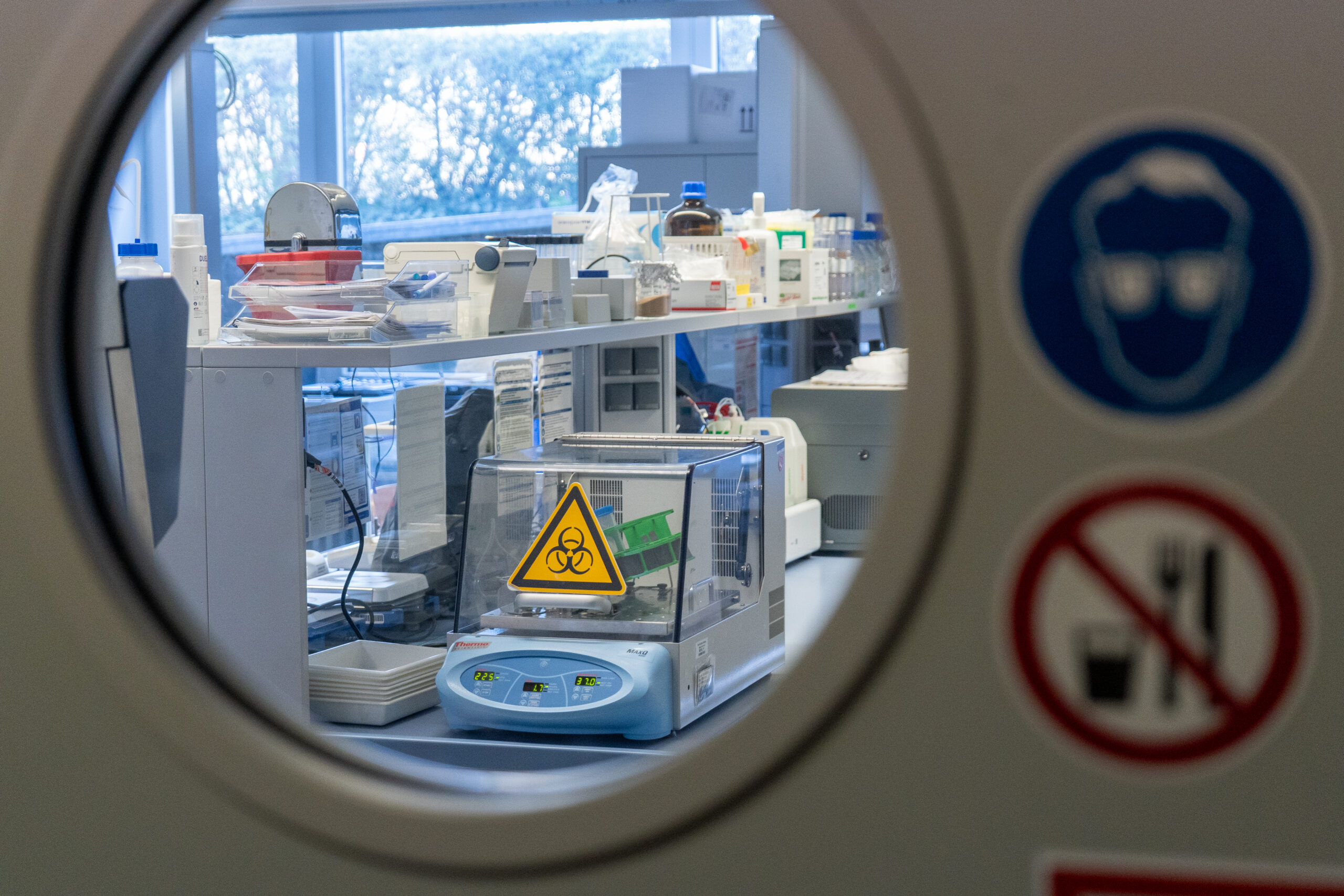 Blick durch ein rundes Fenster in ein Labor mit wissenschaftlichen Geräten und Biowarnungen sowie Regalen mit Laborbedarf; Sicherheits-, keine Lebensmittel- oder Getränkeschilder sind sichtbar - hier erkundet man Campusluft und bekommt Einblicke in verschiedene Studiengänge. at Hochschule Coburg