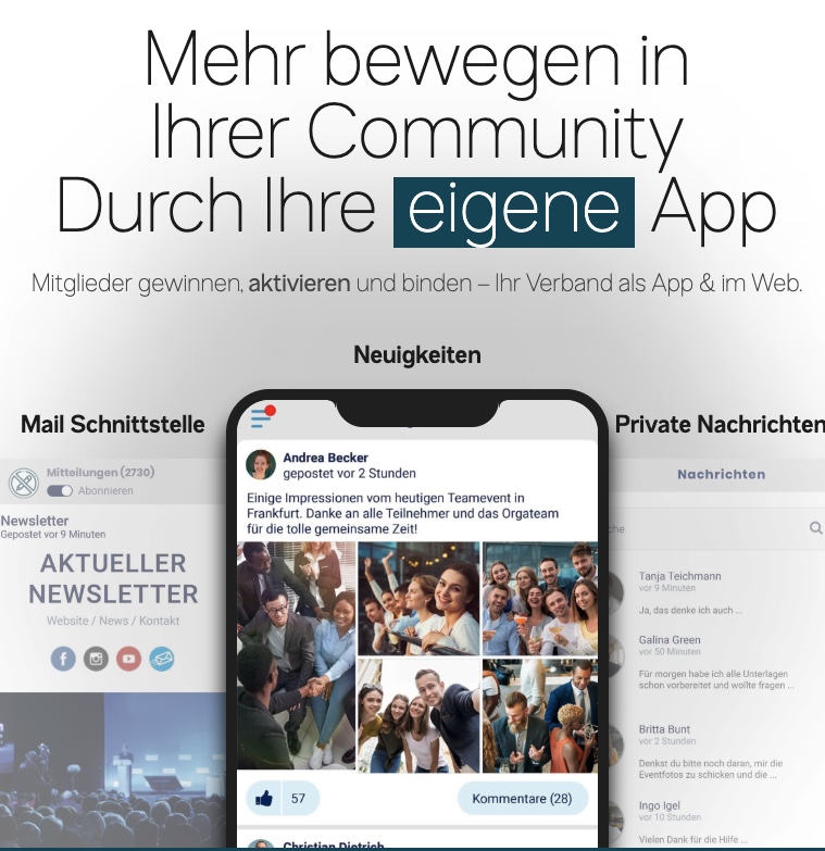 A promotional graphic for a community app features a smartphone displaying a social feed, surrounded by interface previews and German text highlighting news, messages, service centers, and activating members through the app and web. at Hochschule Coburg