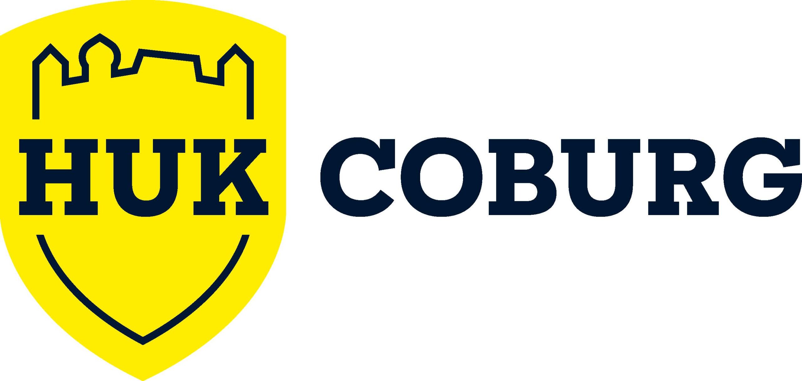 Das Logo der HUK-COBURG besteht aus einem gelben Schild mit dem Umriss einer Burg und dem fetten schwarzen Schriftzug "HUK COBURG" auf der rechten Seite, der die starke regionale Verbundenheit mit der Hochschule Coburg widerspiegelt. at Hochschule Coburg