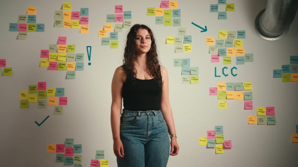 A woman stands before a wall covered with colorful sticky notes arranged in clusters, featuring arrows and letters—a visual approach often used in Information Systems 2.0. She wears a black tank top and jeans, looking directly at the camera. at Hochschule Coburg