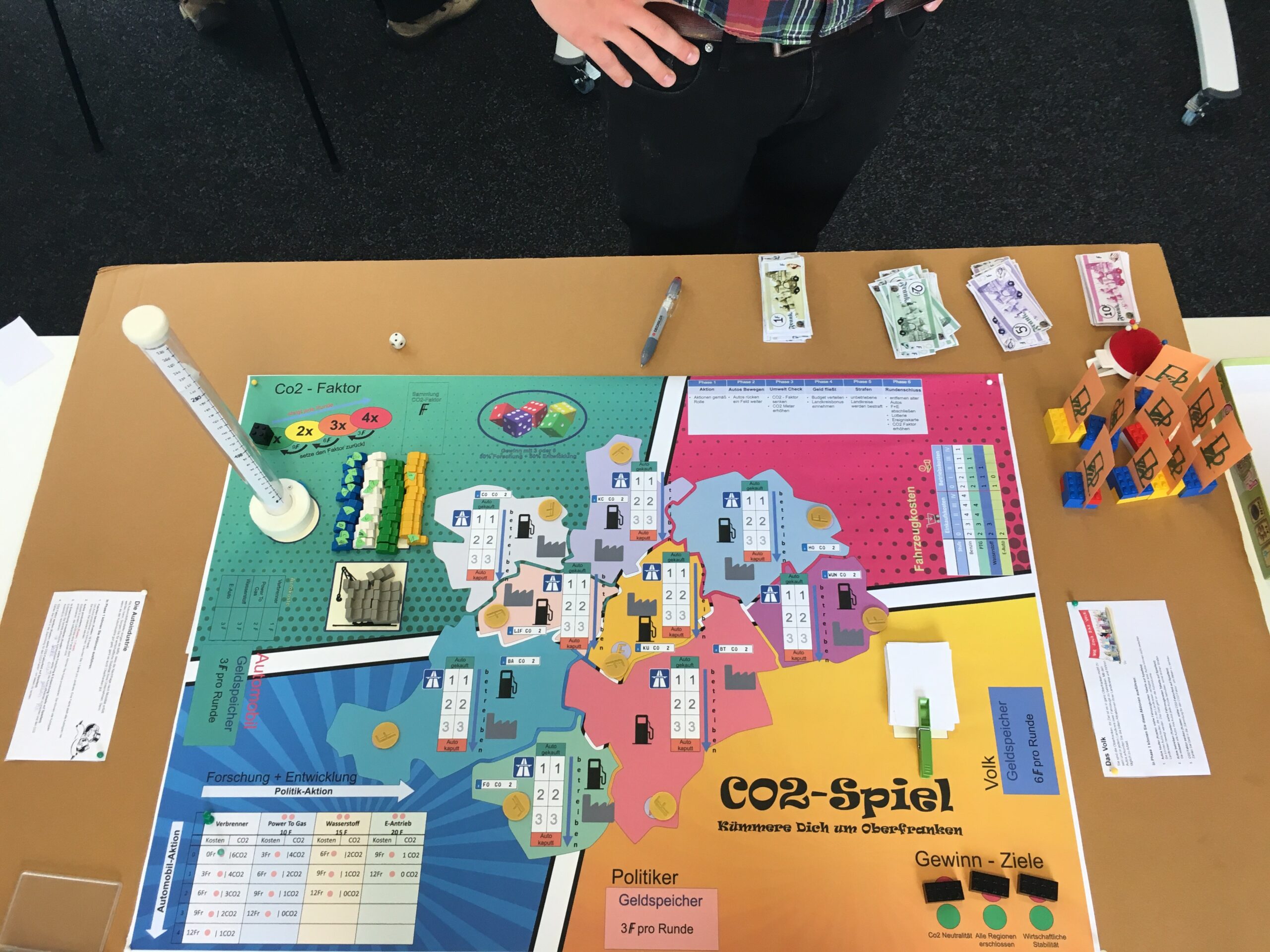 Eine Person steht vor einem bunten Brettspiel namens „CO2-Spiel“, einem Experiment im Bereich Zukunftsdesign, das eine Karte, Karten, Spielfiguren, Spielgeld, eine vertikale Röhre mit Markern und verschiedene andere Spielkomponenten umfasst, die auf einem Tisch ausgelegt sind. at Hochschule Coburg
