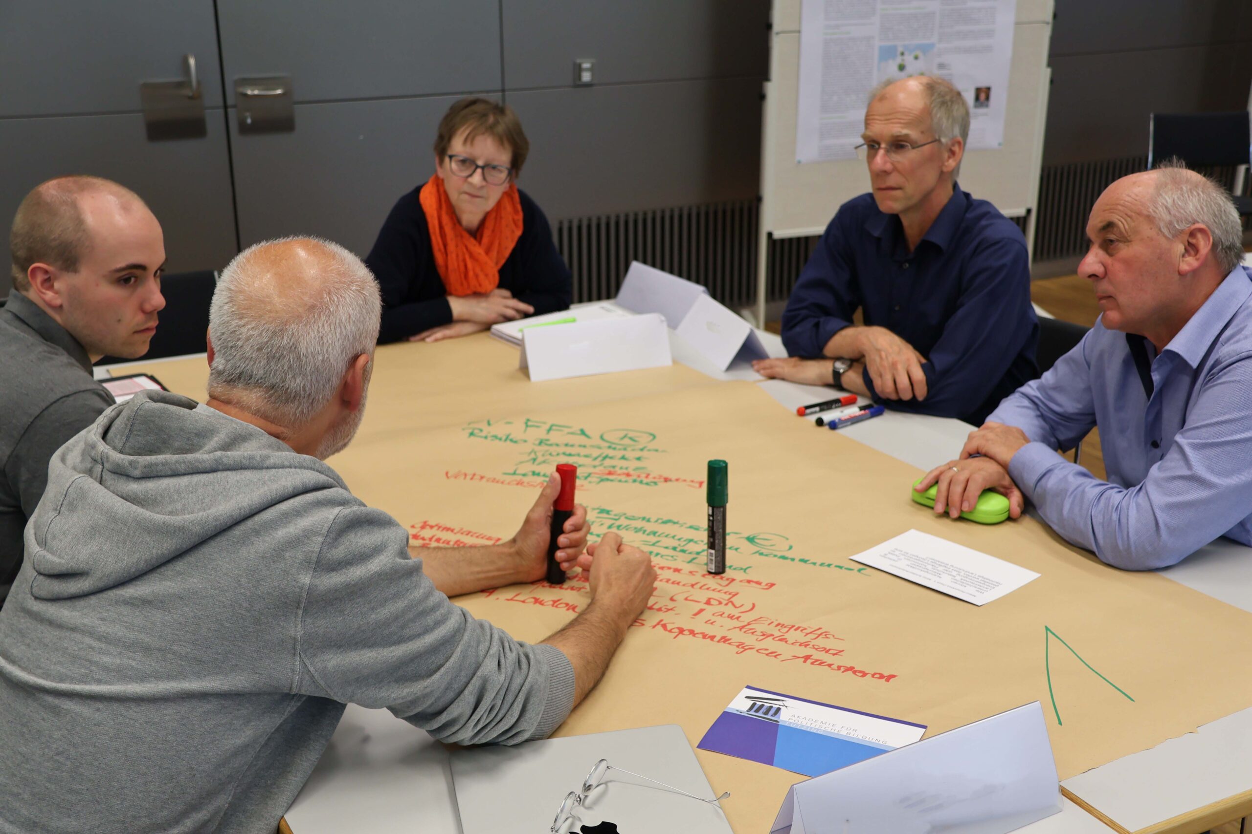 Fünf Erwachsene sitzen um einen Tisch herum, auf dem ein großes Blatt Papier mit handschriftlichen Notizen liegt, und diskutieren und nutzen dabei Filzstifte während einer gemeinsamen Besprechung oder eines Workshops in einer modernen Innenraumumgebung. at Hochschule Coburg