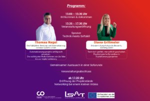Veranstaltungsflyer mit Fotos von Thomas Nagel und Diana Grillmeier sowie einem Veranstaltungsprogramm von 15:00 bis 17:30 Uhr. Seien Sie dabei bei „Technology meets Soft Skills“, einem besonderen Kooperationstreffen 2026, das von Cephas, ISVAIT, InAdditiv und der EU organisiert wird. Die Veranstaltungsdetails werden vor einem lebhaften lila-rosa Farbverlaufshintergrund dargestellt. at Hochschule Coburg
