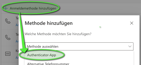 Ein deutscher Anmeldebildschirm zeigt Optionen zum Hinzufügen einer Anmeldemethode an, wobei die Auswahl „Authenticator-App“ aus einem Dropdown-Menü hervorgehoben wird, um die Passwortsicherheit durch Multi-Faktor-Authentifizierung zu erhöhen. at Hochschule Coburg