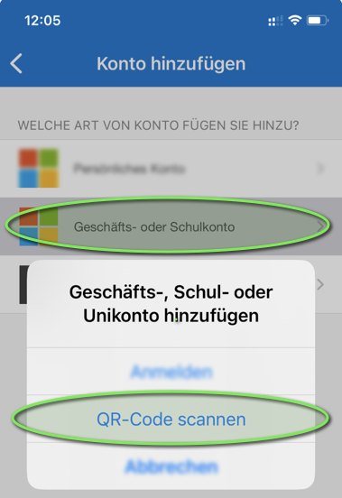 Ein deutscher App-Bildschirm zum Hinzufügen eines Kontos mit Optionen für ein Geschäfts- oder Schulkonto sowie einem Pop-up-Fenster, in dem die Schaltflächen „Anmelden“ und „QR-Code scannen“ angezeigt werden. Ovale Markierungen heben wichtige Optionen im Zusammenhang mit dem Anmeldevorgang hervor und betonen Sicherheitsmerkmale wie die Passworteingabe. at Hochschule Coburg
