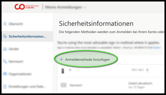 Screenshot der Einstellung zu den Sicherheitsinformationen, wo sich eine Anmeldemethode hinzufügen lässt.