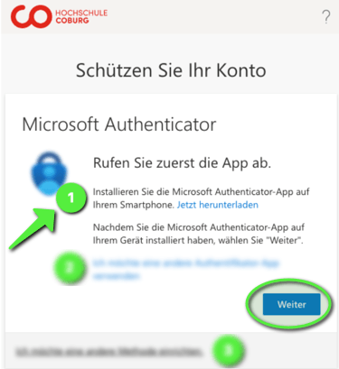 Screenshot einer Einrichtungsseite für den Microsoft Authenticator auf Deutsch mit Anweisungen zur Installation der App für die Multi-Faktor-Authentifizierung, einem grünen Pfeil, der auf Schritt 1 zeigt, und einer blauen Schaltfläche „Weiter“, die unten rechts eingekreist ist. at Hochschule Coburg