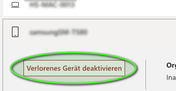 Auf einer Geräteverwaltungsoberfläche, auf die man in der Regel nach einer erfolgreichen Anmeldung mittels Multi-Faktor-Authentifizierung zugreifen kann, erscheint eine grün umrandete Schaltfläche mit dem deutschen Text „Verlorenes Gerät deaktivieren“. at Hochschule Coburg
