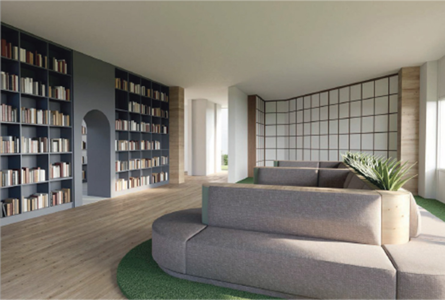 Ein moderner Bibliotheks-Lounge-Bereich mit einem automatisierten Entwurf, der hohe Einbauregale, ein geschwungenes Ecksofa und eine Trennwand im japanischen Stil umfasst. at Hochschule Coburg
