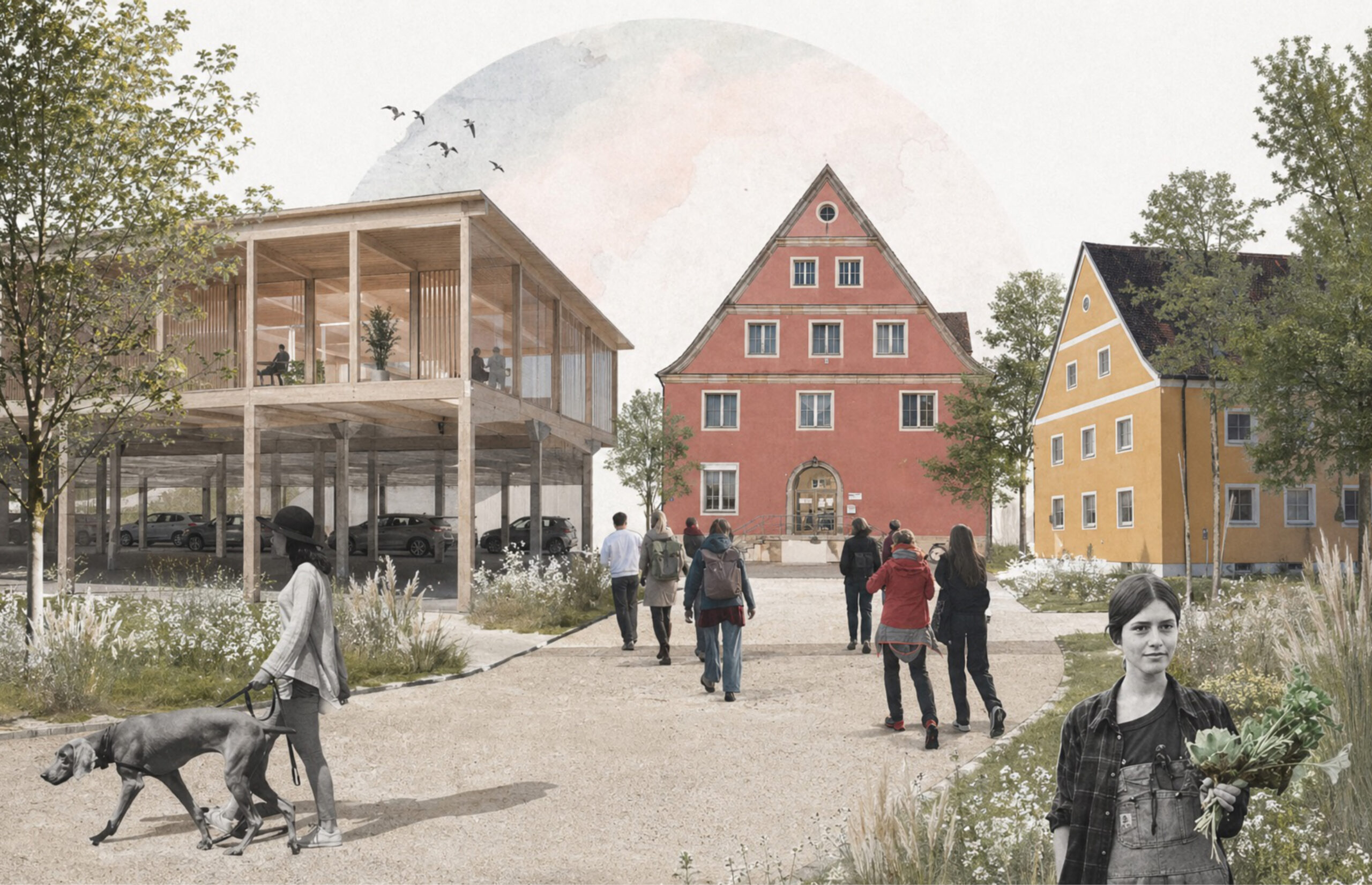 In diesem architektonischen Semesterprojekt gehen Menschen auf einem Schotterweg zwischen einem modernen Parkhaus aus Holz und traditionellen rot-gelben Gebäuden entlang. at Hochschule Coburg