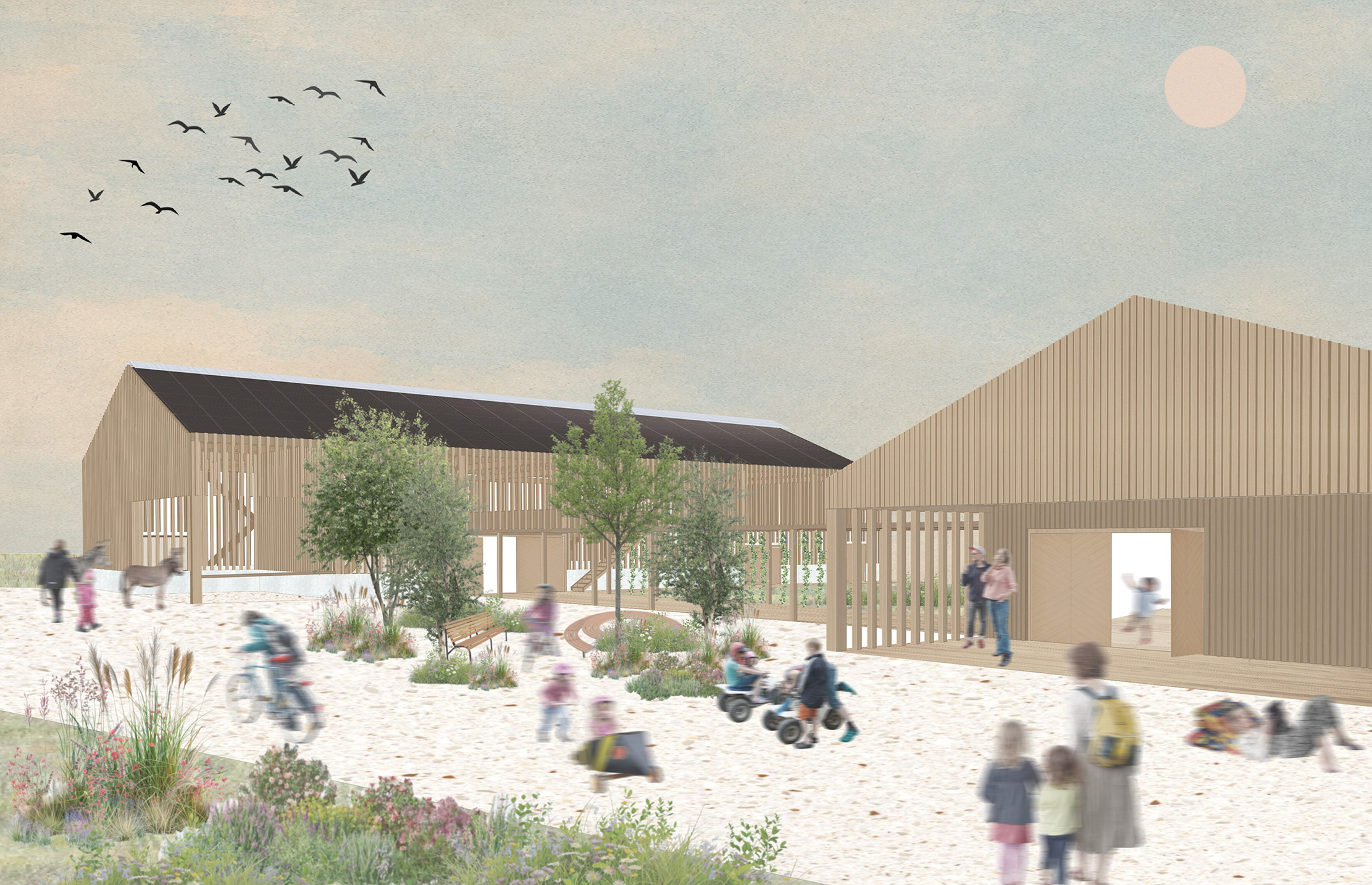 Architekturvisualisierung eines Gemeindezentrums im Stallbau-Stil aus Holz, auf der Menschen in einem begrünten Innenhof spazieren gehen, Rad fahren und spielen. at Hochschule Coburg